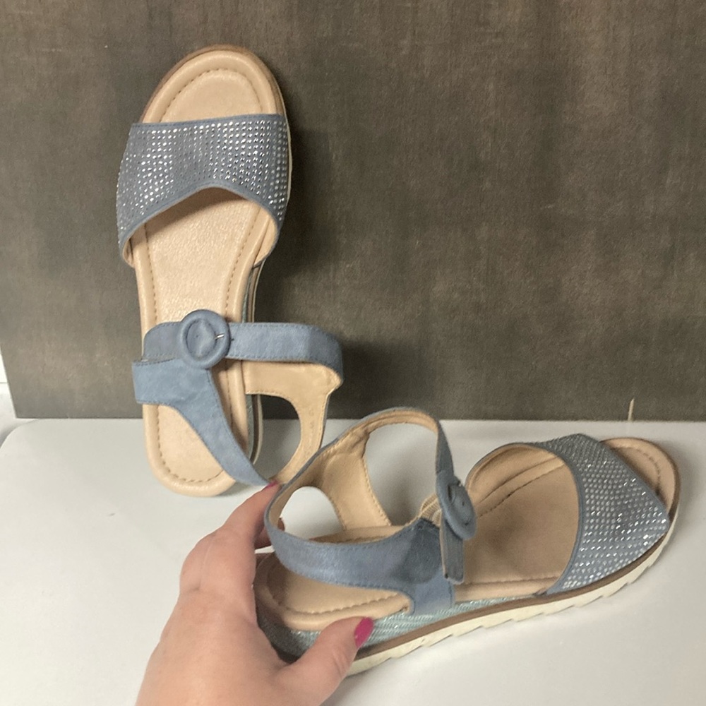 Clara Barson Silver Crystals Embellished Light Blue Suede Wedge Sandals 38EU 7.5